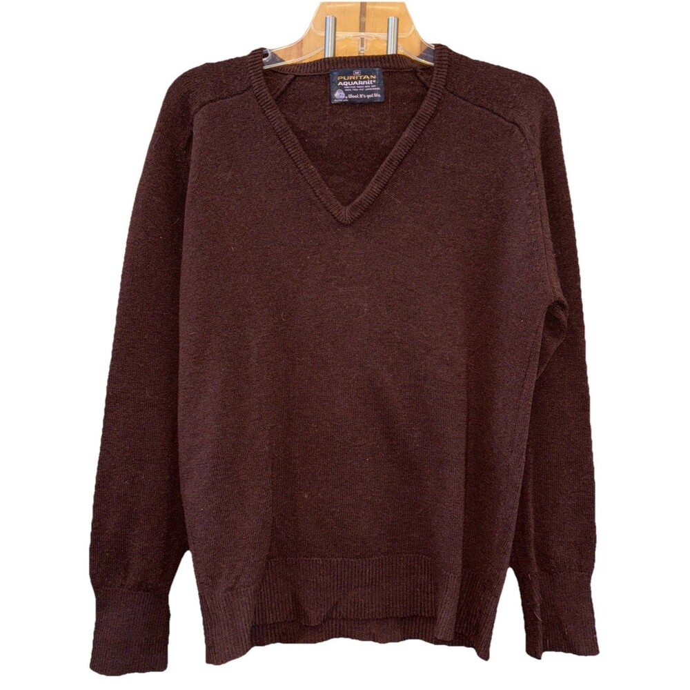 Puritan Aquaknit Brown Sweater Lamb Wool  V Neck Pullover Men M Long Sleeve